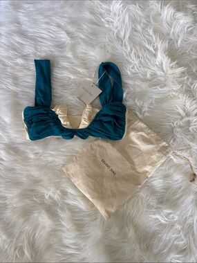 DIVINO SEAS Teal and Cream Ruched Bikini Top